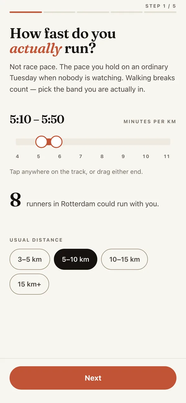 Zinq onboarding, step 1 of 5: How fast do you actually run? A slider set to a pace range of 5:10 to 5:50 minutes per kilometre, with a usual distance of 5 to 10 km selected.