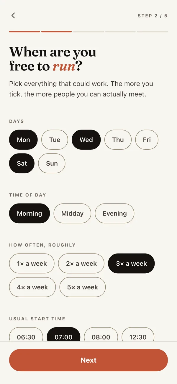 Zinq onboarding, step 2 of 5: When are you free to run? Monday, Wednesday and Saturday selected, mornings, about three times a week, usually starting at 07:00.