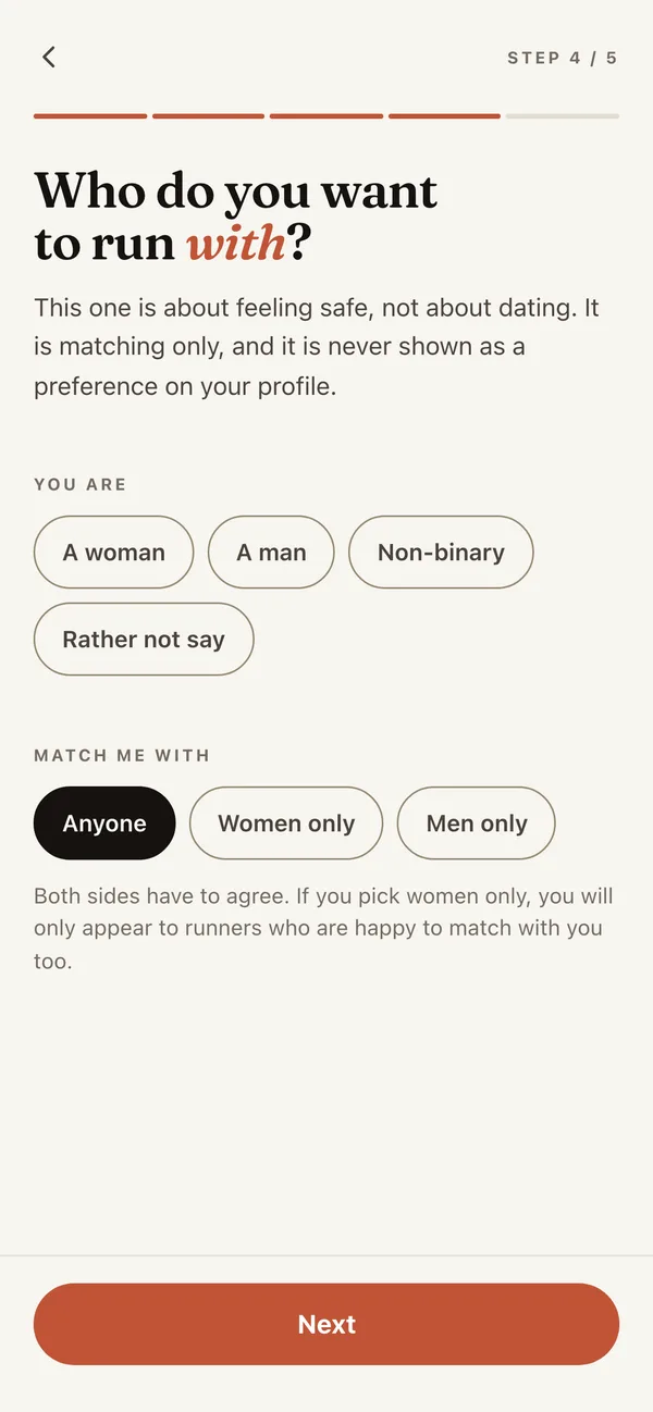 Zinq onboarding, step 4 of 5: Who do you want to run with? Options for women only, men only, or anyone, with a note that both sides have to agree.